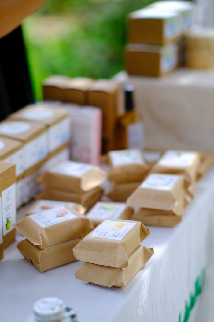 creative-02 A display of artisanal coffee packages on a table at a cafe in Hue, Vietnam.